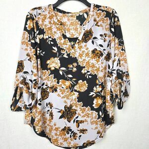 Maurices Floral Blouse Roll Tab Sleeve Medium